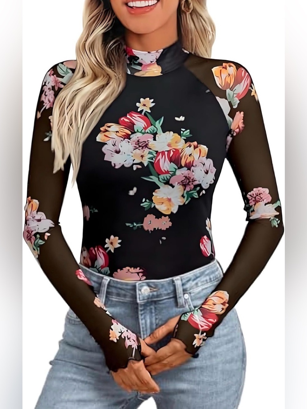 Women's Floral Mesh Long Sleeve Tops - Sheer Lace Mockneck Lined Shirt